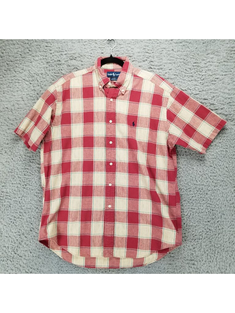 Ralph Lauren Shirt Mens Medium Blake Red Plaid Cotton Short Sleeve Button Up